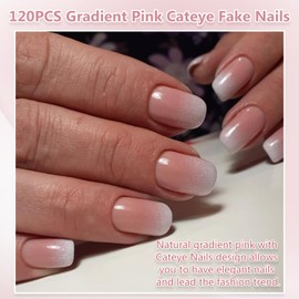 Short Cat Eye Press on Nails Kit - 240Pcs Natural Gradient Pink False Nails Set - Glossy Full Cover Cateye Stick on Nails with Glue - Acrylic French Pink Tips Fake nails for Women Girls