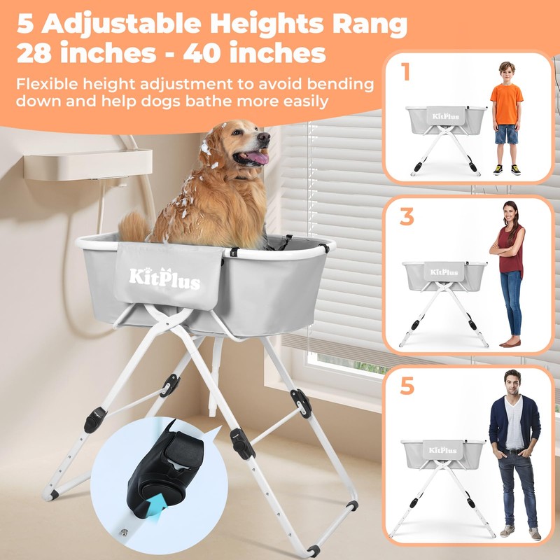 KITPLUS Portable Dog Bathtub, 5 Height Adjustable Dog Washing Station