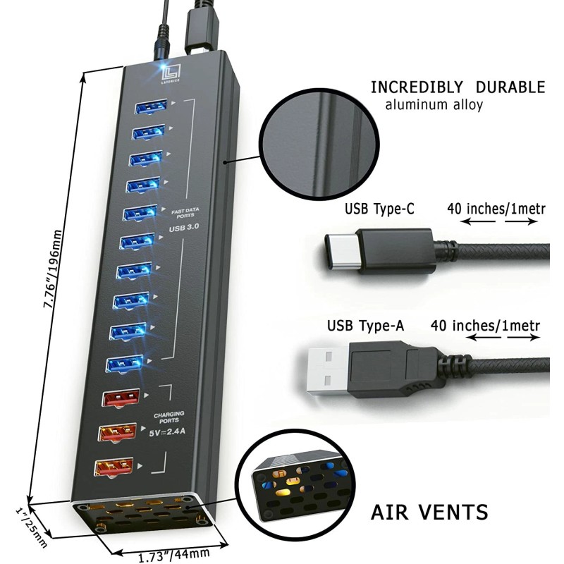 Latorice Powered USB Hub Unibody Aluminum with 10 USB 3.0
