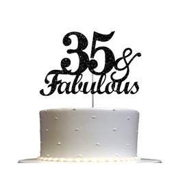 Fabulous & 35 decoraciones para tartas con purpurina negra, ideal para decoración de fiesta de 35 cumpleaños, decoración de alta calidad, brillo resistente de doble cara, palo acrílico. Fabricado en Estados Unidos