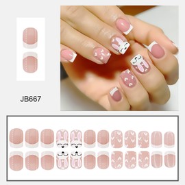 24Pcs Easter Bunny Press on Nails for Women Cute Bunny Fake Nails Nude Pink Nails with White French Tips Style Love Shaped Nail Art Semi-transparent Artificial Nail Kits for Easter Holiday Hunt Party