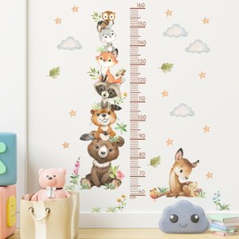 Cartoon Animal Height Growth Chart Wall Sticker for Kids Room Jungle Wild Animals Height Chart Measurement Wall Decals Removable White Clouds Star Garden Plants Grass Wall Murals for Kids Nursey Decor