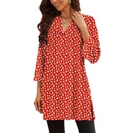 Poetsky Boho Fower Print Long Sleeve Shirts for Women 2025 Ladies Tunic Shirts for Leggings V Neck Flowy Casual Long Tshirt for Fall Red,XL