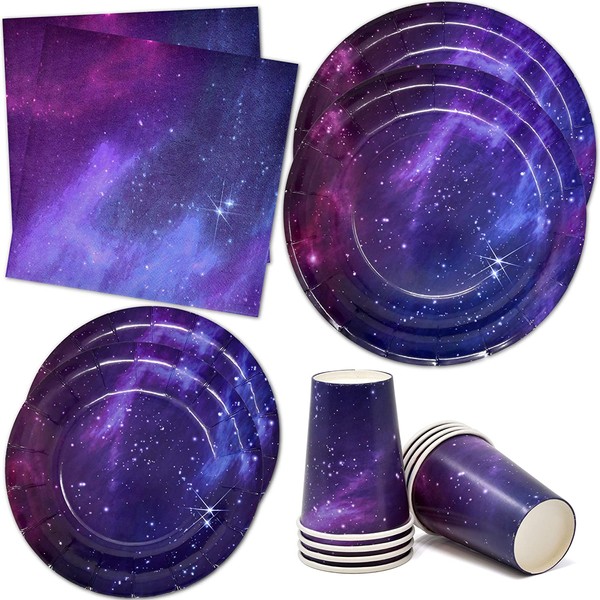 Galaxy Stars Universe Outer Space Party Supplies Tableware Set 24 9" Paper Plates 24 7" Plate 24 9 Oz Cups 50 Lunch Napkin for Solar System Planets Rocket Ship Astronaut Disposable Birthday Dinnerware