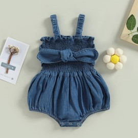 BULINGNA Newborn Baby Girl Outfits Sleeveless Bow Tie Up Front Smocked Bubble Romper Infant Denim Jumpsuit (Blue-Bow, 6-12 Months)