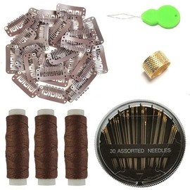 U-Shape Snap Clips for Hair Extensions 6 Teeth Metal Wig Making Clips Hair Weave Thread Needle Kit with Needle Threader Thimble,Dark Brown