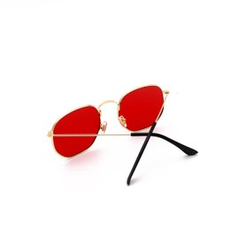 WDZAYXC Fashion Polygonal Sunglasses for Men and Women, Lightweight Metal Frame Glasses, UV400 Protection, Gold/Red