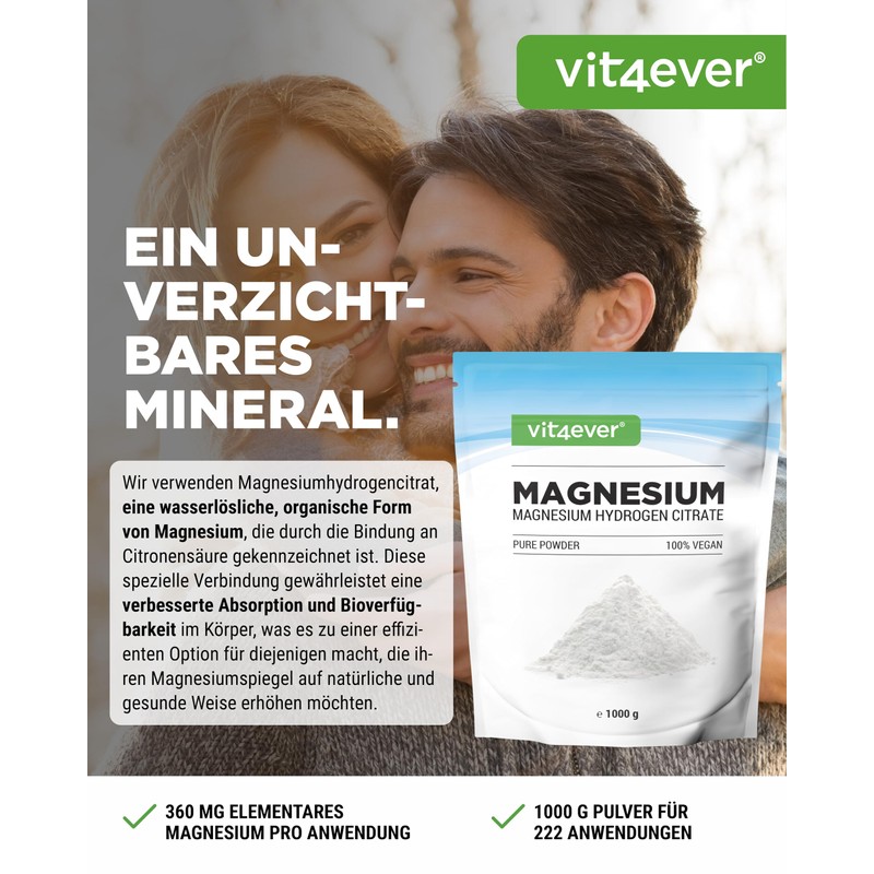 Vit4ever Magnesium Pulver - 1000g - Gute L?slichkeit - Reines