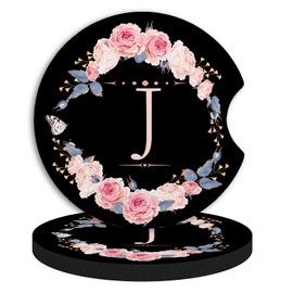 2pcs Letter J Car Coasters,Absorbent Universal neoprener Cup Holder Coasters with a Finger Notch,Car Accessories for Women&Man Interior，2.75"