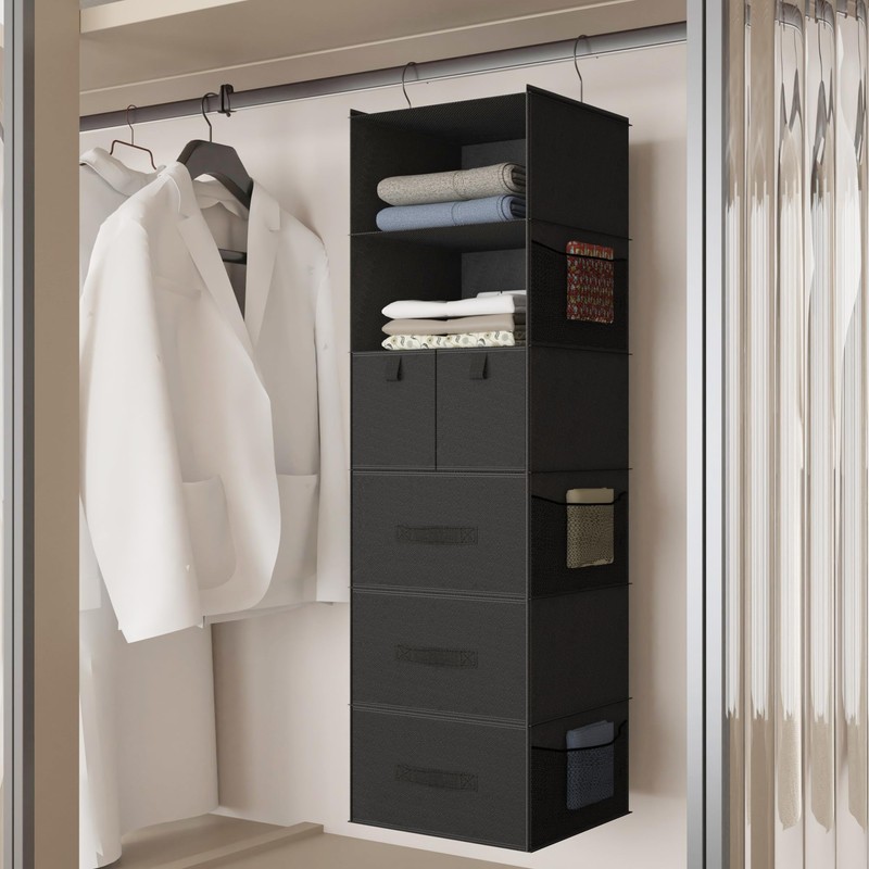Bosuelife 6-Shelves Hanging Closet Organizer with 5 Different Drawers, Foldable