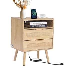 Happybuy Rattan Nightstand - Boho Bedside Table with Open Shelf and 2 Drawers, Solid Wood Legs, Charging Station for Bedroom, Study and Living Room