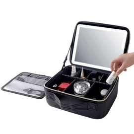 TREATLIFE HOME Organize Makeup with Professional High-Capacity Travel Makeup Bag, Multi-Layer Design with Detachable LED Mirror, Black