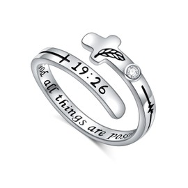 Ladytree Cross Christian Faith Ring with God All Things are Possible S925 Sterling Silver Let God Ring Adjustable Purity Band Bible Verse for Women Religious Jewelry Size 7