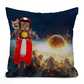 Tomda Two Funny Cats are Driving a Moped Cotton Linen Cushion Cover Throw Pillow Case Home Office Decorative for Sofa Living Room Square 45x45cm 18x18 Inches