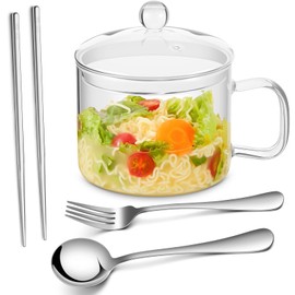 44 FL OZ/ 1.4 L Glass Soup Bowl with Lid and Handle, Chopsticks Spoons and Forks Set Silverware, Glass Pots for Cooking on Stove Simmer Pot Clear Ramen Bowl for Noodle Cereals Fruits, Microwave Safe