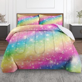 Culudea Galaxy Unicorn Rainbow Comforter Set Queen Size, Neon Pink Mermaid Soft Bedding Set with 2 Pillowcases for Girls Teens Kids Boys Adults Bedroom Bed Decor,1 Quilt 2 Pillow Cases