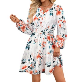 ZESICA Fall Dresses for Women 2025 Boho Floral V Neck Long Sleeve Smocked A-Line Flowy Casual Mini Dress with Pockets,Ivory,Large
