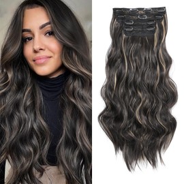Gx Beauty 4pcs Clip In Hair Extensions, 20 Inch Long Wavy Curly Synthetic Black Mix Blonde Hair Extension, Thick Natural & Soft Hairpieces for Women(4Pcs, Black Mix Blonde)