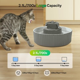 Ceramic Cat Water Fountain, 2.1L/70oz Porcelain Pet Drinking Dispenser with 4 Set Replacement Filter & Sponge, Automatic Dog Water Bowl with Ultra-Quiet Pump, Cat Feeding Watering Supplies(Grey)