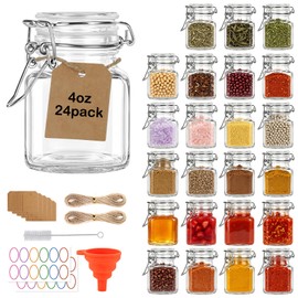 HINGWAH 24 Pack 4 oz Spice Jars, Small Airtight Glass Jars with Wire Clamp Lids for Spices, Herbs, Honey, Kitchen Organization, Crafts & Gifts, Includes Labels, Funnel, Twine, Tags & Brush