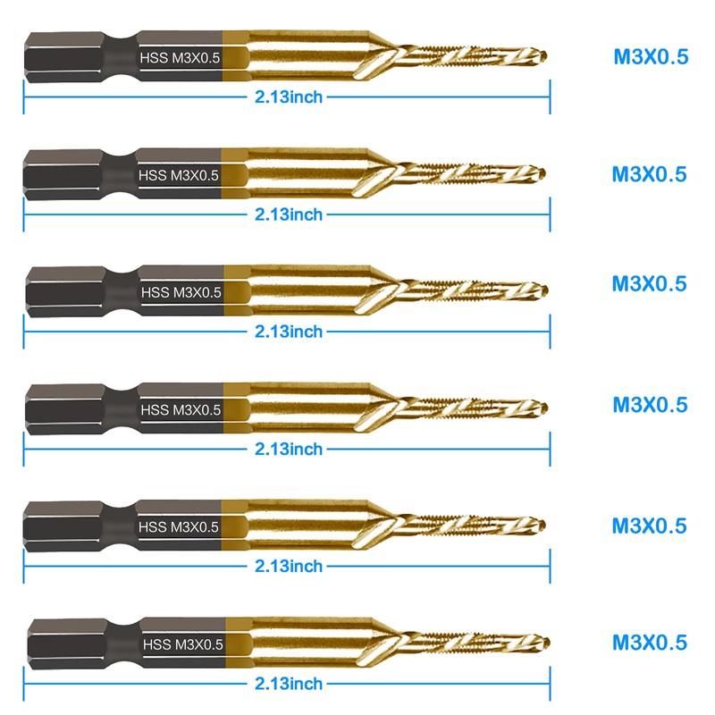 DKIBBITH 6-pc Metric M3 Combination Drill Tap Bit Set, M3*0.5