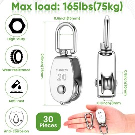 Ferraycle 30 Pcs Single Pulley Block System 304 Stainless Steel Pulley Wheel Hanging Wire Towing Wheel with 30 Pcs Spring Snap Hook, Lifting Wire Rope Single Swivel Roller, Silver(M20)