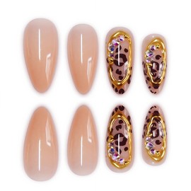 Press on Nails Medium Almond Fake Nails with Leopard Print and Gold Glitter Charms Design False Nail Acrylic Full Cover Stick on Nail for Women 24 Pcs (Gold-21, M-21)