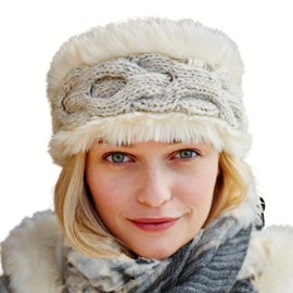 Women Wool/Faux Fur Ear Warmer Headband Fleece Lined Handknitted Cable Knit One-Size Handmade Pachamama Fair Trade (Oatmeal)