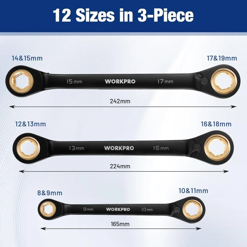 WORKPRO 3-Piece 4-in-1 Reversible Ratcheting Wrench Set Metric 72-Tooth CR-V