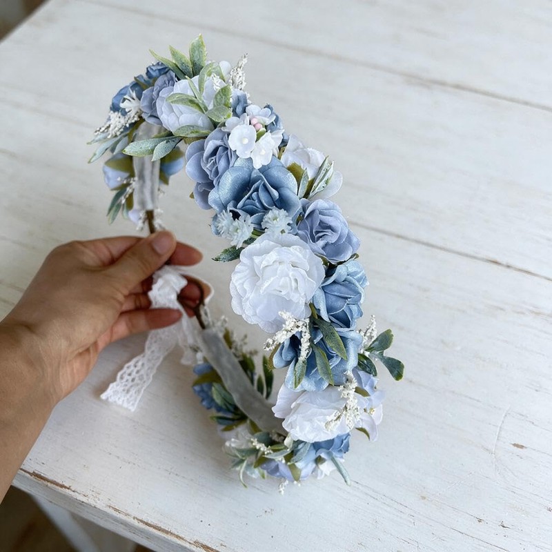 PoshMyra Dusty Blue Flower Crown for Women Bride Birthday Gift