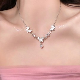 Cimenexe Bohème Kristall Schmetterling Choker Halskette Perle Schmetterling Anhänger Halskette Silber Cz Schmetterling Kragen Halskette Runde Perle Schmetterling Halskette Schmuck Für Frauen