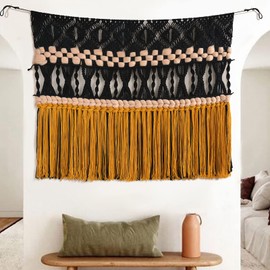 IOWER Macrame Wall Hanging Black Woven Macrame Wall Decor Boho Wall Decor Handmade Home Room Decor 47" W*35" L