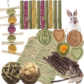 Bunny Toys 30PCS Guinea Pig Toys Rabbit Toys Accessories Natural Timothy Biscuit Hay Sticks Hamster Toys for Teeth Handmade Rabbit Chews and Treats Apple Wood Sticks Chinchilla Rat Teeth Molar