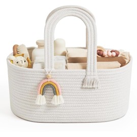 Cesta Organizadora de Pañales para Bebé, Canasta de Algodón con Asa de Doble Trenza, Flecos Arcoíris y Organizador Desmontable, Ideal para Recién Nacidos, Regalo Baby Shower (blanco)