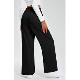 Libin Women's Wide Leg Pants 27" High Waisted Waffle Knit Casual Slacks Work Dress Pants Business Palazzo Trousers with Pockets, Black, M