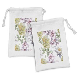 Ambesonne Floral Fabric Pouch Set of 2, Rose Petals Sakura Lily Flowers Blooms Romance Florets Design, Small Drawstring Bag for Toiletries Masks and Favors, 9" x 6", Fern Green Pale Pink