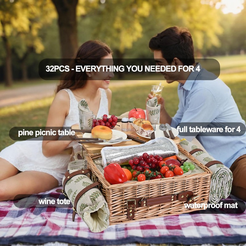 Multifunctional Wicker Picnic Basket Set for 4 with Blanket and