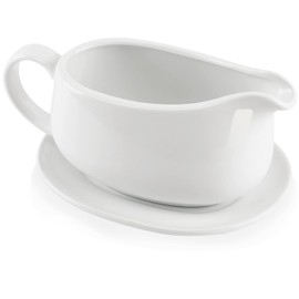 Buyajuju 25 oz Gravy Boat and Tray, Ceramic White Gravy Boat with Saucer Stand for Dining, 2 Pieces Procelain Gravy Boat and Saucer