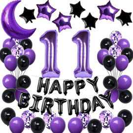 NANINUNENO 11th Birthday Decorations Set for Girl Women Boy Men, Purple Black 11 Happy Birthday Balloons Supplies with Purple Number Balloons 11 Happy Birthday Banner