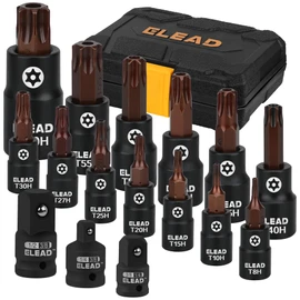 16-Piece Torx Bit Socket Set - Premium S2 Steel European Style T8-T60 with Socket Adapters, Star Bit Socket Set 1/4”, 3/8” and 1/2” Drive | Professional Mechanic Garage Tools