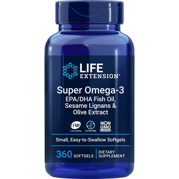 Life Extension Super Omega-3 360 Softgels, Easy to Swallow, EPA/DHA Omega3 Fish Oil, Sesame Lignans & Olive Extract