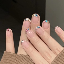 Yivaiks 24 Pcs Pink French Tip Press on Nails Short，Fake Nails Glue on Nails for Women,Rhinestone Crystal Acrylic Nails,with Glue Everyday Wear False Nails