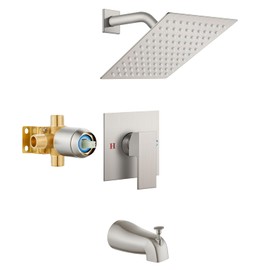 Airuida Shower Faucet Set with Tub Spout Bathtub Faucet Kit Complete Tub Shower Trim Kit with Solid Brass Rough-in Valve and 8 Inch Square Rainfall Showerhead Bent Shower Arm Brushed Nickel