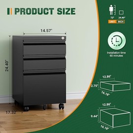 Letaya Light 3 Drawer Mobile File Cabinet with Lock,Under Desk Metal Filing Cabinets for Home Office Organizer Letters/Legal/A4(Fully Assembled-Black)