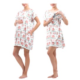 Labor and Delivery Gown for Hospital With Pockets Open Back Nursing Pajamas for Women Breastfeeding Maternity Nightgown, Pink Floral, Large