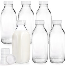 Bekith 6 Pack Liter Glass Milk Bottles with Airtight Screw Lid, 32 Oz Glass Juice Bottles, Reusable Glass Beverage Drinking Jar Juice Container for Milk, Honey, Jam (Extra 6 Lid with Silicone Gasket)