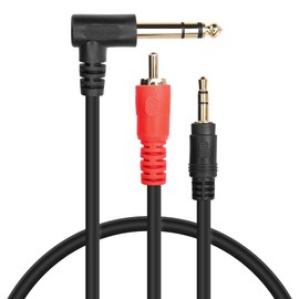 GINTOOYUN 6.35 mm Right Angle Male to RCA Male + 3.5 mm Male Audio Cable 6.35 mm Double Channel 90 Degree Male to RCA Male + 3.5 mm Double Channel Male Y Splitter Cable Adapter (1.5 ft)