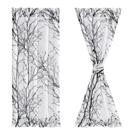 FMFUNCTEX French Front Door Curtains for Glass Door Curtains 72 Inches Long White Semi-Sheer Window Curtain Black Branch Print Curtain for Patio Door with Tie-Back 50 Inches Wide Rod Pocket 1 Panel