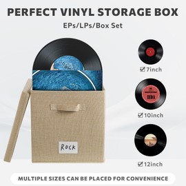 DYWMM 13-Inch Vinyl Record Storage with Divider, Album Storage Organizer Box for Vinyl Records up to 50+ 12-Inch Albums, LP Album Record Box with Lid, Decorative Moving Box for Records(beige)