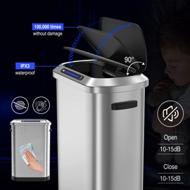 Donext 50L Automatic Trash Can, Motion Sensor Waste Trash Bin w/Soft Close Lid, Smart Touchless Stainless Steel Garbage Can for Kitchen Office, Silver